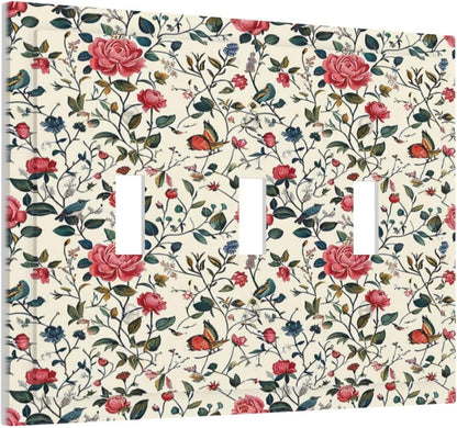 Decorative Switch Plates Vintage Flowers Rose Leaf Bird Butterfly 3 Gang Wall Plate Triple Toggle Light Switch Cover Faceplate Electrical Wall Panels for Bedroom living Room Decor