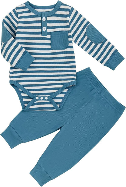 fhutpw Baby Boy Clothes 3 6 12 18 Months Ribbed Knitted Long Sleeve Romper and Pants Sets Newborn Fall Splicing Color Outfits