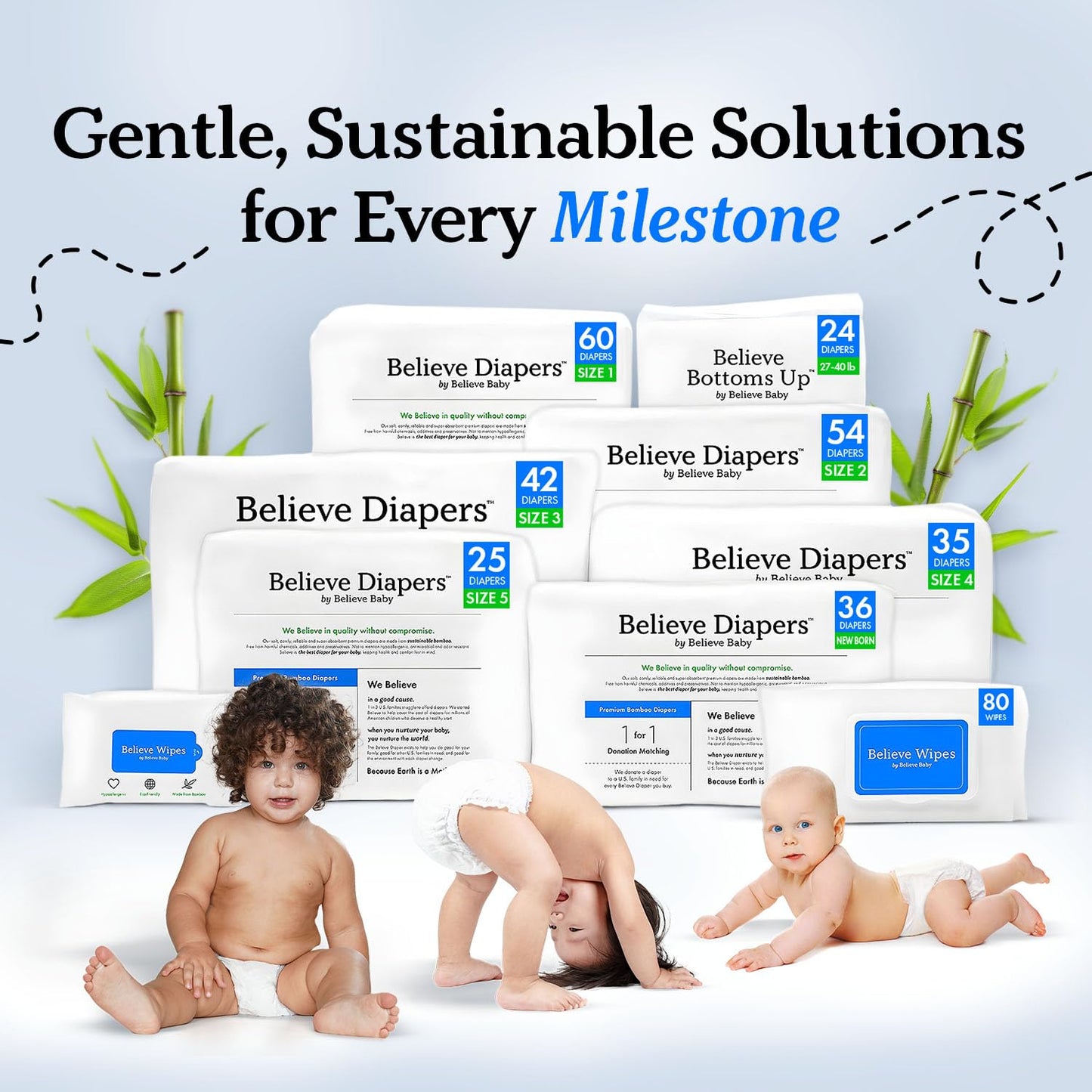 Believe Viscose Bamboo Baby Wipes 80pc x 4 Packs (320ct), Multi-Use Water Based Wipes Baby Sensitive Skin, Hypoallergenic and Fragrance Free for Babies – Gentle Plant-Based Viscose Bamboo Wet Wipe