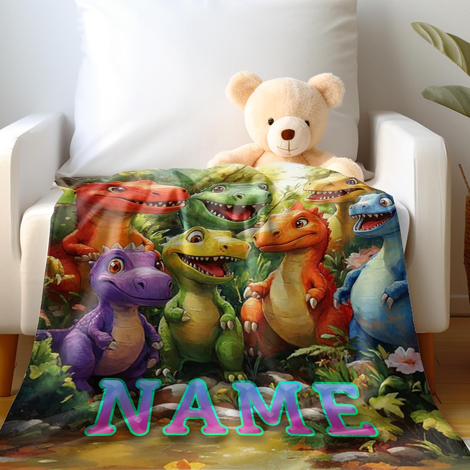 Ship Next Day, Custom Dinosaur Blanket - Printed in USA, Personalized Blankets with Name, Gift for