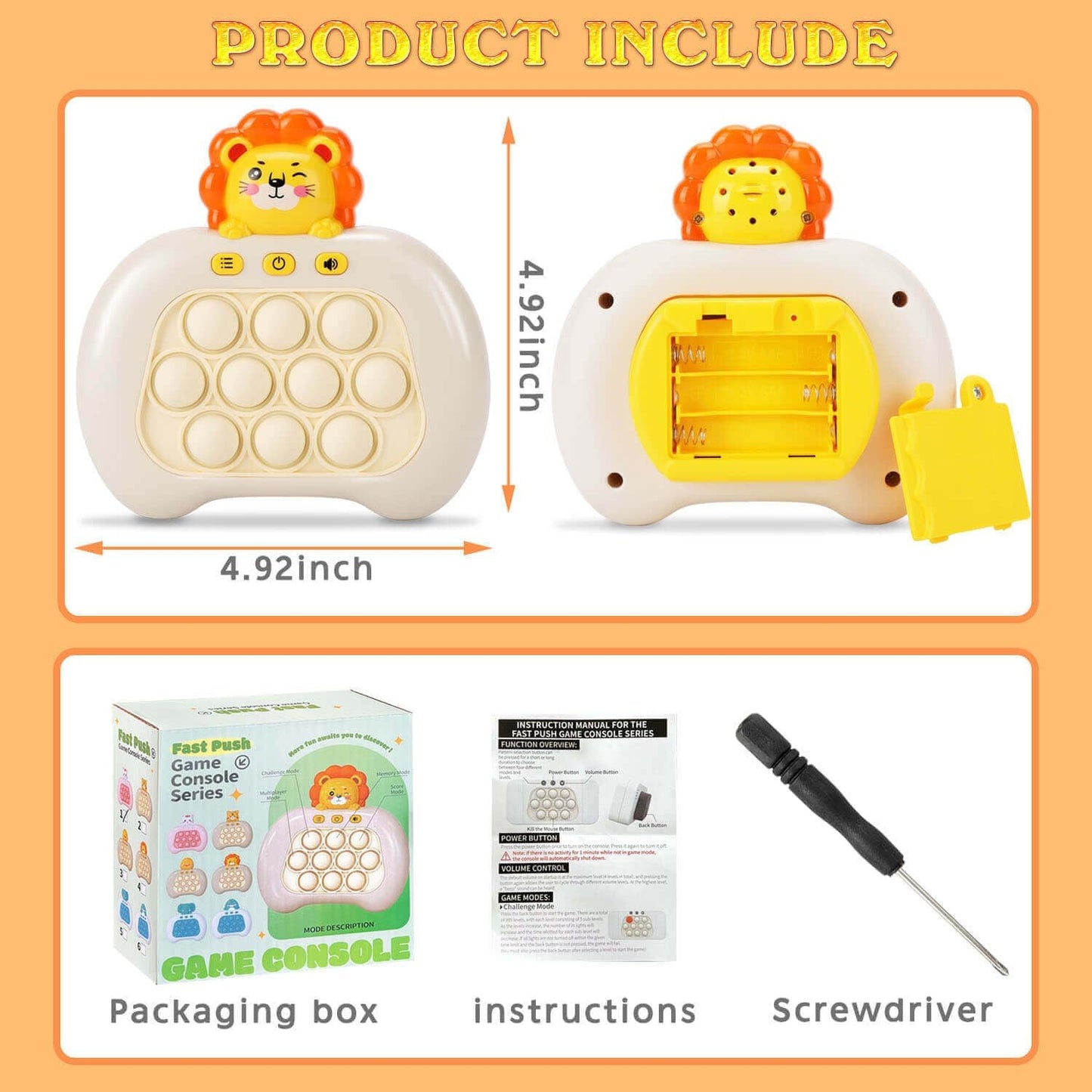 Fast Push Pop Game It Fidget Toys Pro for Kids Adults, Handheld Game Machine, Squeeze Poppet Sensory Electric Quick Push Bubble Toy, Birthday Gifts for Boys Girls Teens （Lion）