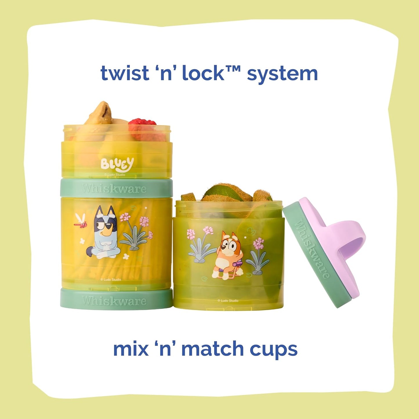 Whiskware Bluey Stackable Snack Containers for Kids and Toddlers, 3 Stackable Snack Cups for School