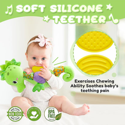 Baby Toys 0 to 12 Months, Musical Stuffed Animal Activity Soft Toys with Multi-Sensory Crinkle, Rattle and Textures, Infant Tummy Time Toys for Newborn Boys Girls, Seahorse, Green