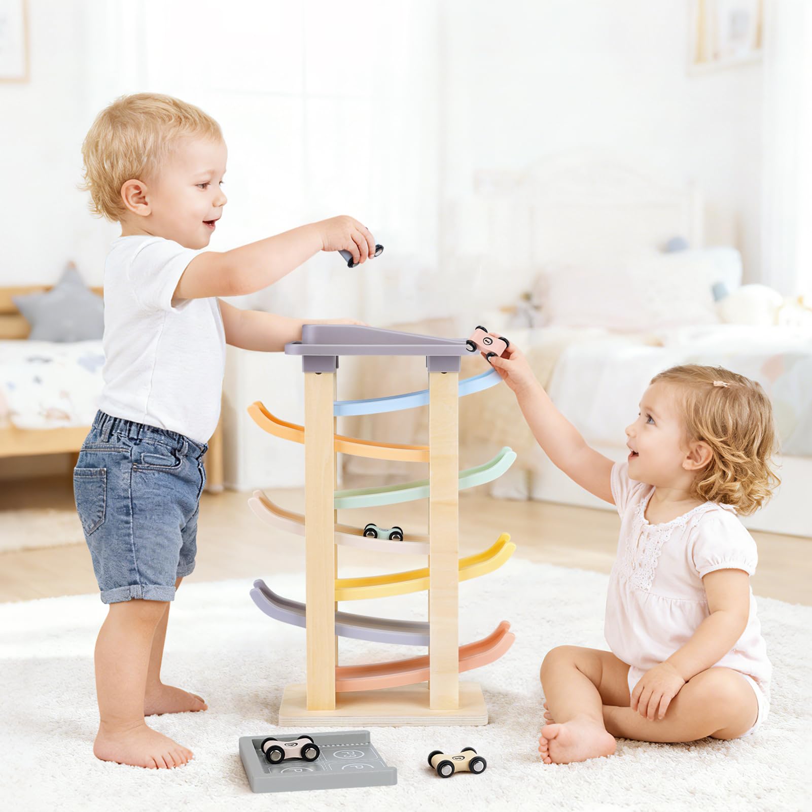 Joyreal Montessori Toddler Toys for 1 2 3 Year Old Wooden Car Ramp Toys