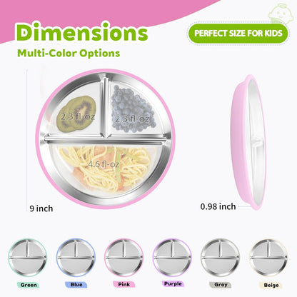 3-Pack Stainless Steel Baby Plates with Suction, BPA-Free Stainless Steel Kids Plates, 9" Divided Toddler Plate for Dishwasher Safe, Non-Slip Silicone Base, Detachable (Pink, Gray, Purple)