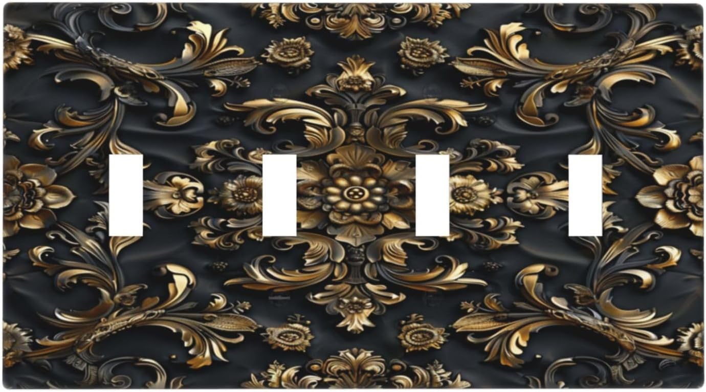 Decorative Switch Covers Plate Rococo Vintage Black Golden Leaf Morris Vine 4 Gang Artistic Wall Plate Unique Quad Toggle Light Switch Plate Jumbo Faceplate for Bedroom Home Decor