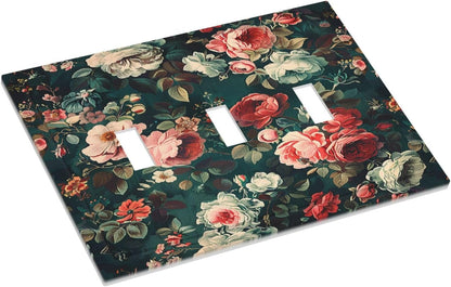 Decorative Switch Plates Baroque Vintage Peony Flower Floral 3 Gang Wall Plate Triple Toggle Light Switch Cover Faceplate Electrical Wall Panels for Bedroom Farmhouse Decor
