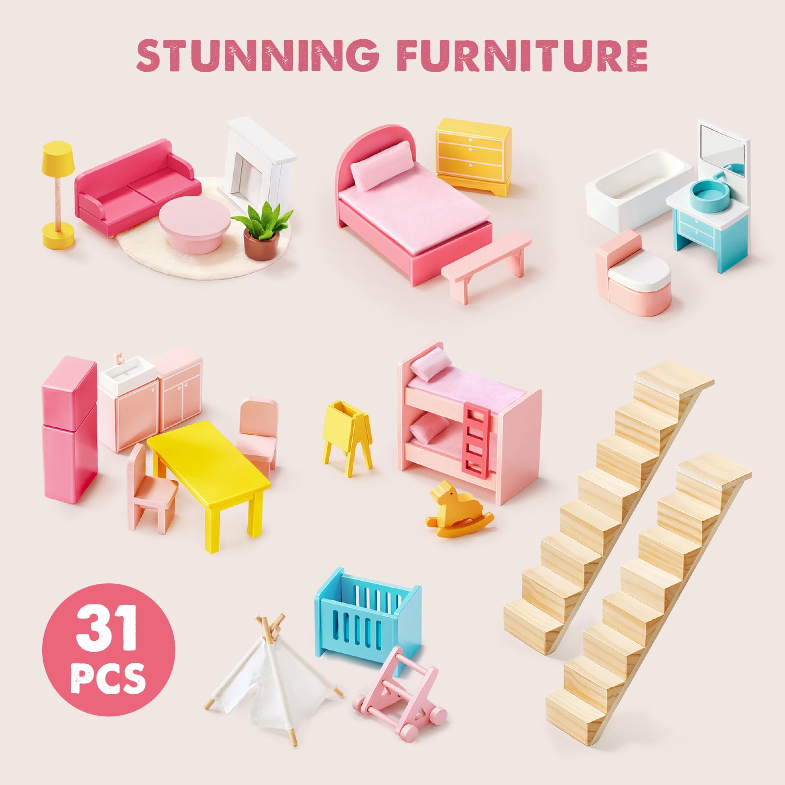 Tiny Land Wooden Dollhouse for Girls - 6 Rooms Wooden Doll House