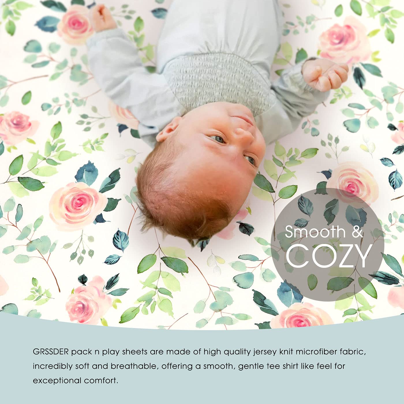 GRSSDER Stretchy Ultra Soft Jersey Knit Fitted Pack n Play Sheets Set 2 Pack, Portable/Mini Crib