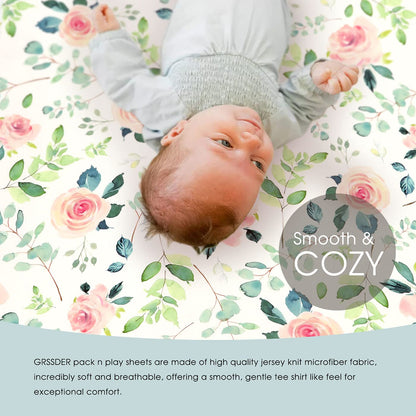 GRSSDER Stretchy Ultra Soft Jersey Knit Fitted Pack n Play Sheets Set 2 Pack, Portable/Mini Crib
