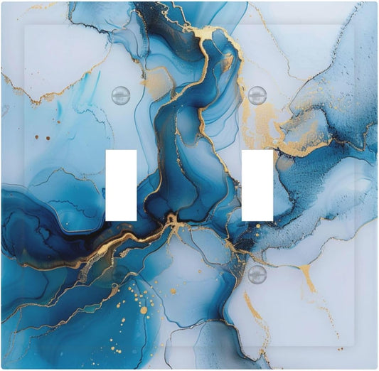 Decorative Switch Covers Plate Modern Abstract Blue Gold Line Marble 2 Gang Wall Plate Unique Double Toggle Light Switch Plate Wall Cover Plate Faceplate for Bedroom Home Decor