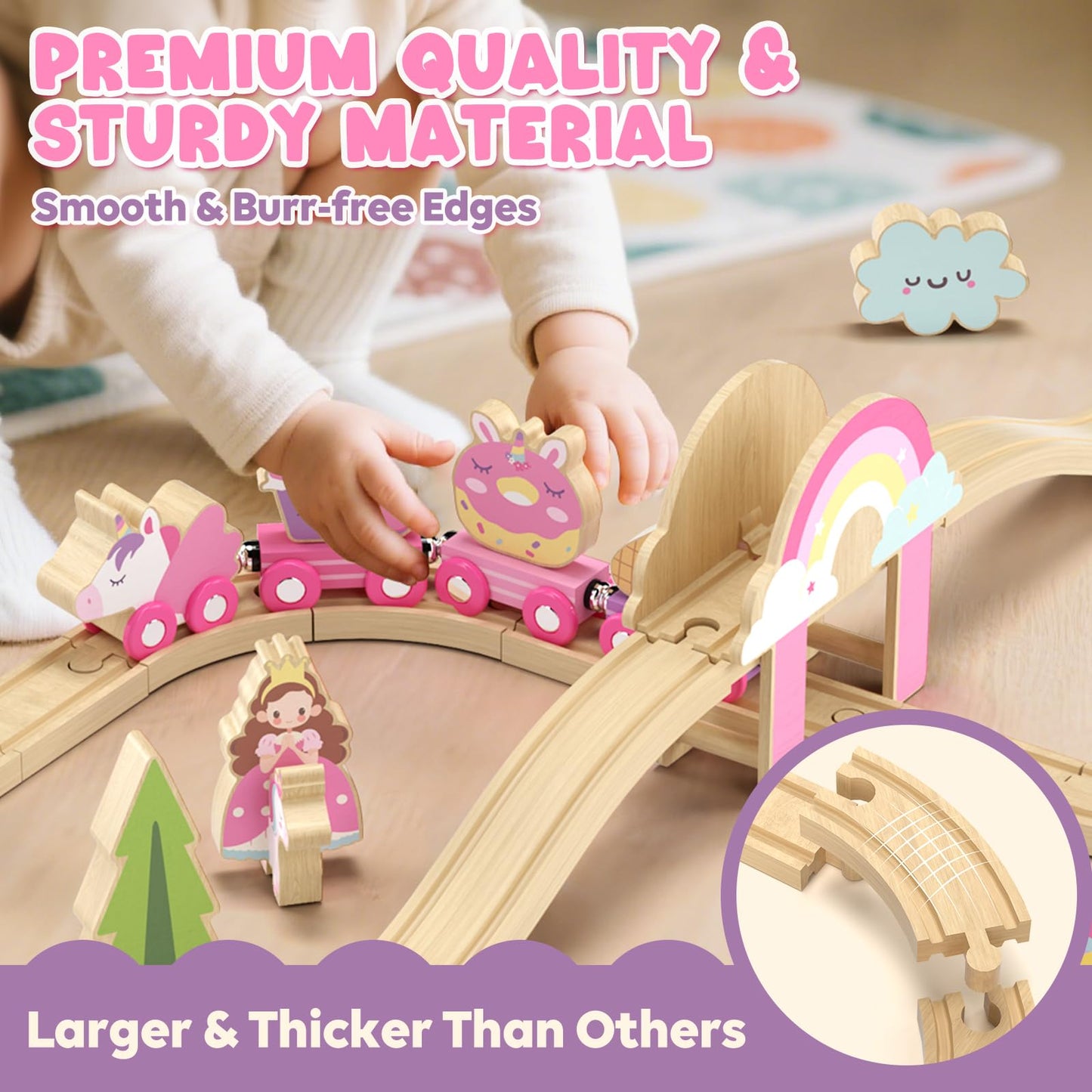 Lehoo Castle Wooden Train Set for Girls, Pink Unicorn Train Set