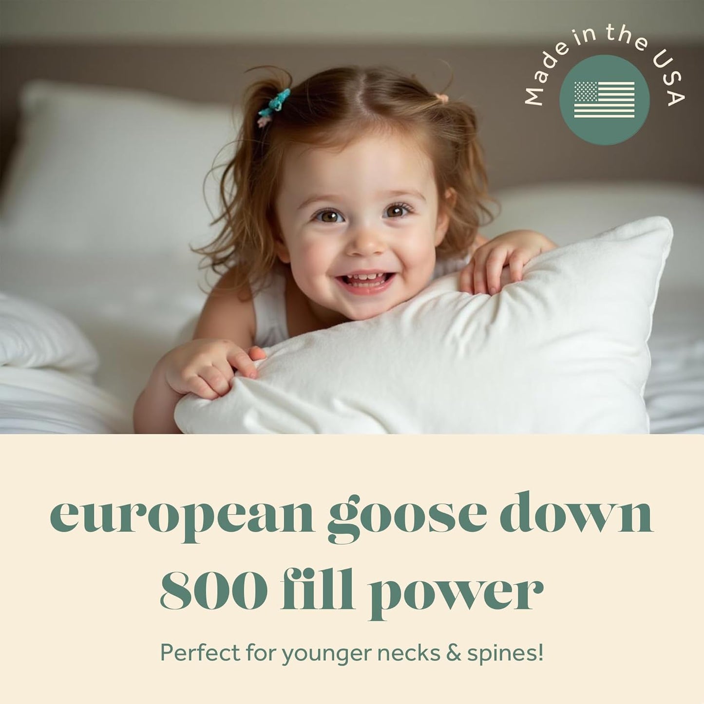 Toddler Pillow, 800 Fill Power Goose Down Fill, 300 Thread Count 100% Cotton Cover - Made in USA 18 Months to 6 Years (13x18)