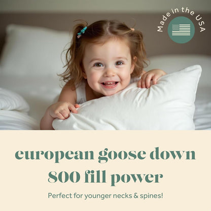 Toddler Pillow, 800 Fill Power Goose Down Fill, 300 Thread Count 100% Cotton Cover - Made in USA 18 Months to 6 Years (13x18)