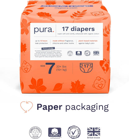 Pura Size 7 Eco-Friendly Diapers (33+lbs) Totally Chlorine Free (TCF) Hypoallergenic, Soft Organic Cotton Comfort, Sustainable, up to 12 Hours Leak Protection, Allergy UK,1 Pack of 17 Diapers