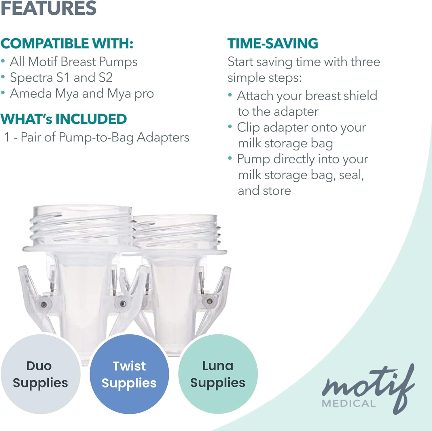 Motif Medical Pump-to-Bag Electric Breast Pump Adapter -Compatible w/Spectra S1 & S2 Breast Pump