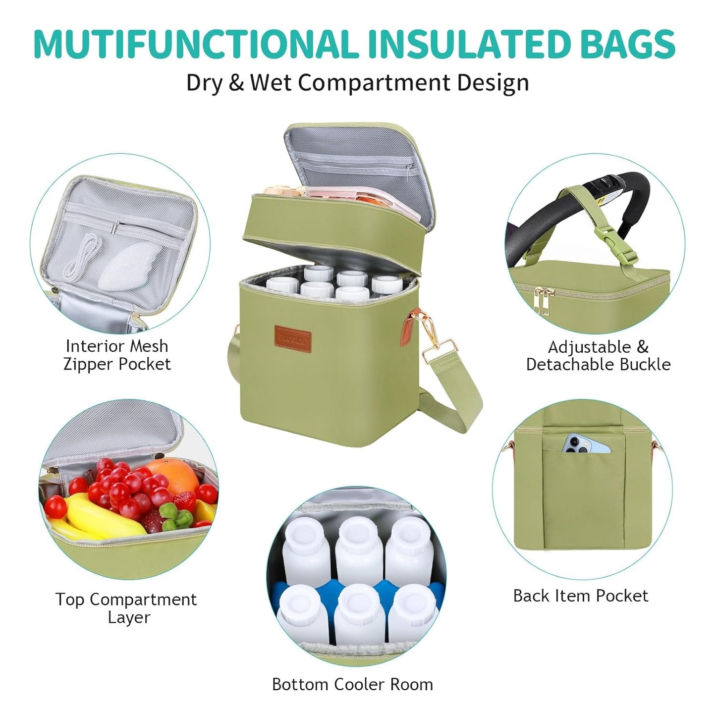 PIIOSER Breastmilk Cooler Bag with Ice Pack Fits 6 Baby Bottles Up to 9 Ounce, Insulated Baby