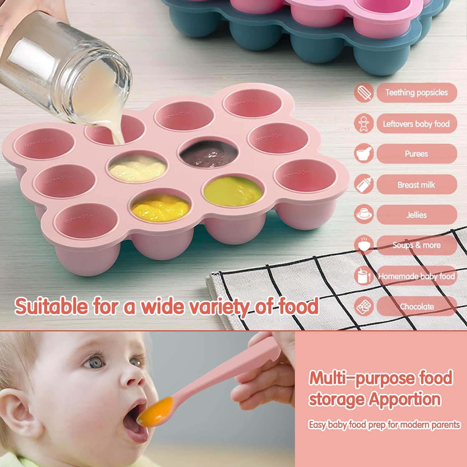 Baby Food Storage Container - 12 x 1.5oz Silicone Baby Food Freezer Tray with Silicone Lid, Perfect