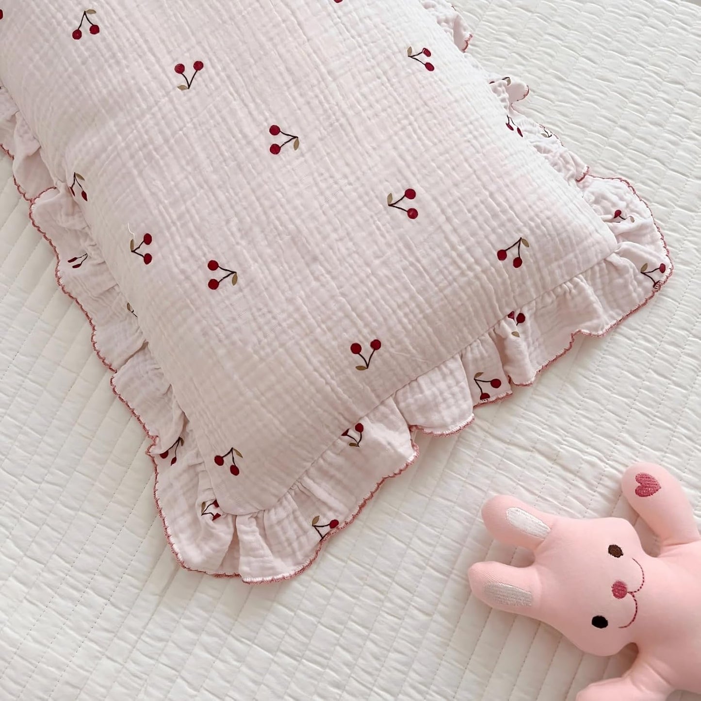 BuLuTu Cotton Muslin Kids Toddler Pillowcase Cherry Pattern, Soft Travel Pillow Ruffle Edge Nursery Pillow Case for Boys Girls, Bedding Decor, Durable Pillowcases 14"x20", 1 Piece
