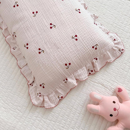 BuLuTu Cotton Muslin Ruffle Edge Kids Toddler Pillowcase Standard,Cherry Pattern Soft Travel Pillow Nursery Pillowcase for Boys,Girls,Bedding Decor Machine Washable, Durable Pillowcase 1 Piece