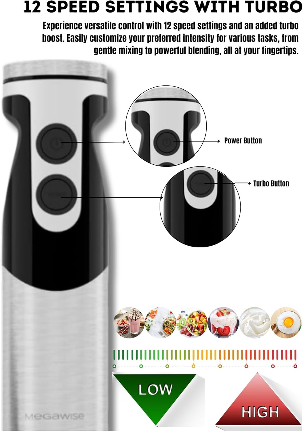 Megawise High-Power Hand Blender – 400W Max Power with Versatile 3-in-1 Attachments (Blending