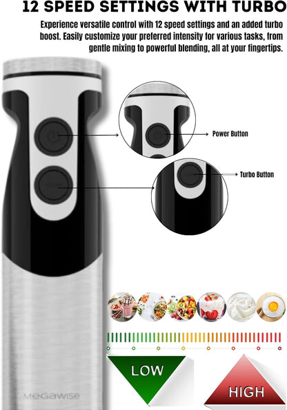 Megawise High-Power Hand Blender – 400W Max Power with Versatile 3-in-1 Attachments (Blending