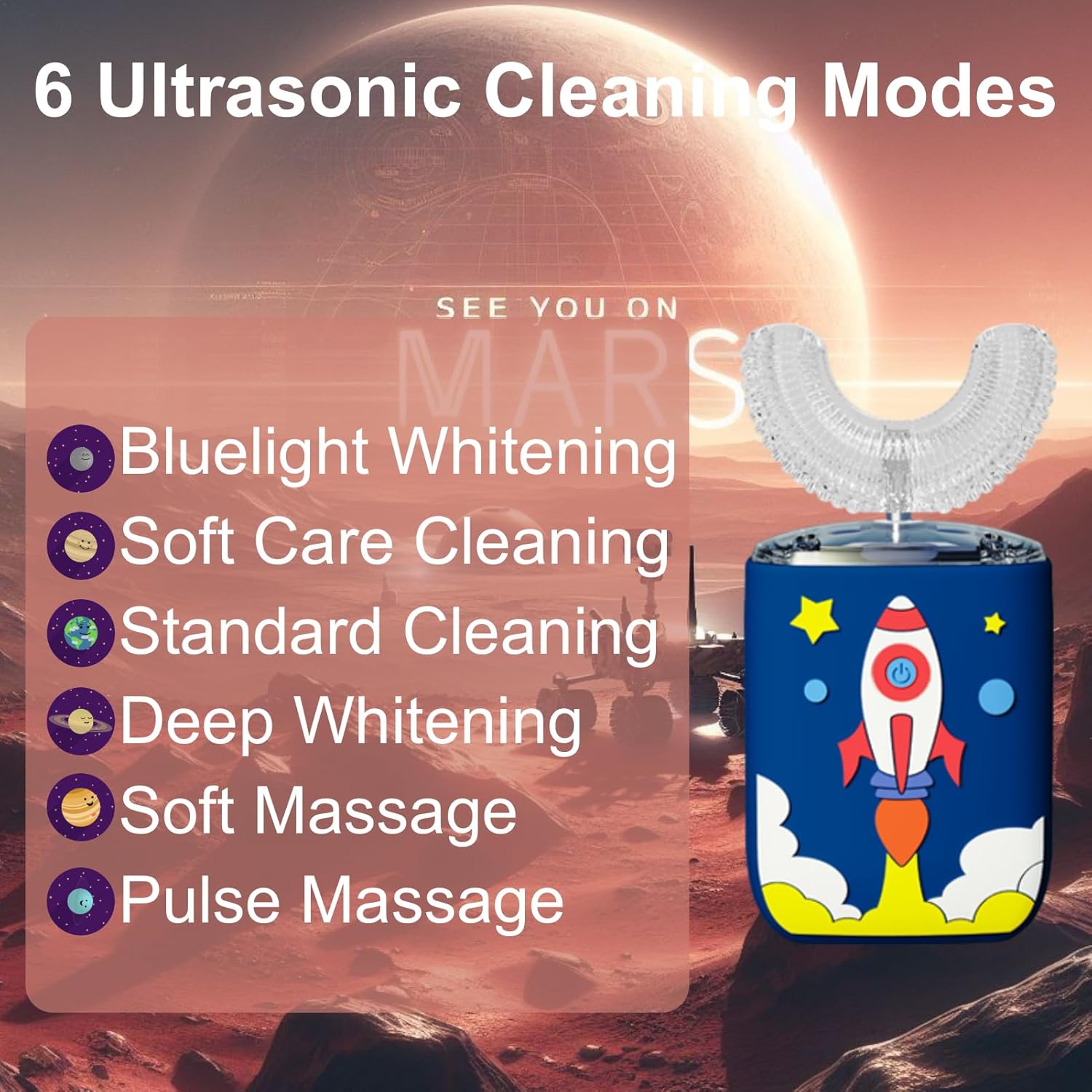 Kids U Shaped Electric Toothbrush Ultrasonic Automatic Brush with 5 Brush Head 6 Clean Modes IPX7