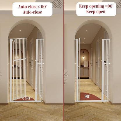 Glaf Extra Tall Pressure Mounted Pet Gate 63" With Cat Door - Adjustable Width 33.86-37.4" Metal Safety Gate for Dogs and Cats - Auto-Close for Doorways, Stairs, Kitchen, Hallway (White)