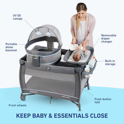 Graco Pack n Play Dome LX Playard with Baby Bassinet, Lightweight Portable Crib, Push-Button Fold