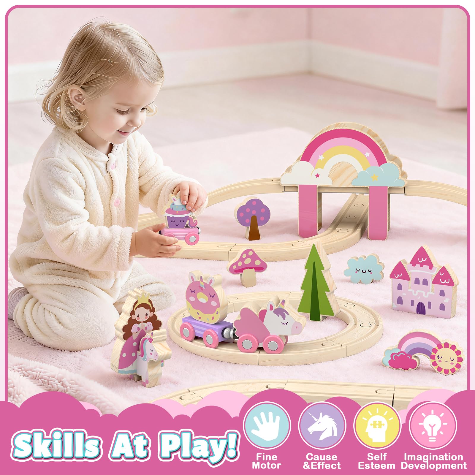 Lehoo Castle Wooden Train Set for Girls, Pink Unicorn Train Set