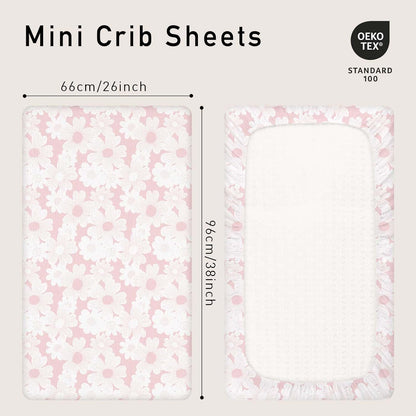 Gllquen Baby Muslin Mini Crib Sheets 3 Pack, Breathable Pack and Play Sheets Fitted Soft Cozy Cotton Pack N Play Sheets for Baby Boy Girls, Universal Fitted Mini Crib Mattresses 38"x26" (Pink)