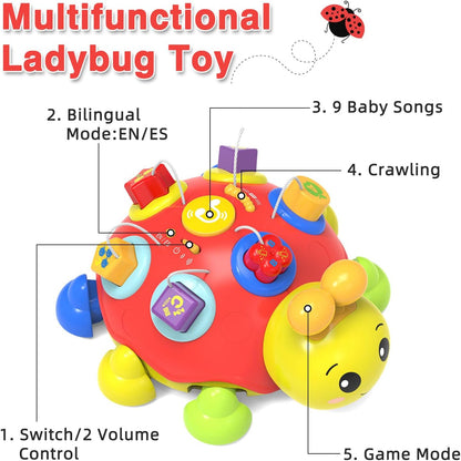 Baby Crawling Toys 6-12 Months,Musical Ladybug Crawling Toy for Infants 0-3-6 7 8 9 10 12-18 Months,Early Education Light Up Music Walking Toys,Shape Matching,Tummy Time Toys for Boy Girl Gift (Red)