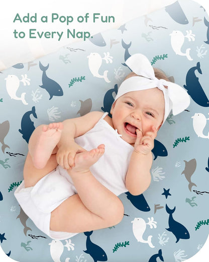 Baby Crib Sheets for Standard Crib Mattress - Navy Whale+Blue, Ultra Soft Jersey Knit, Breathable