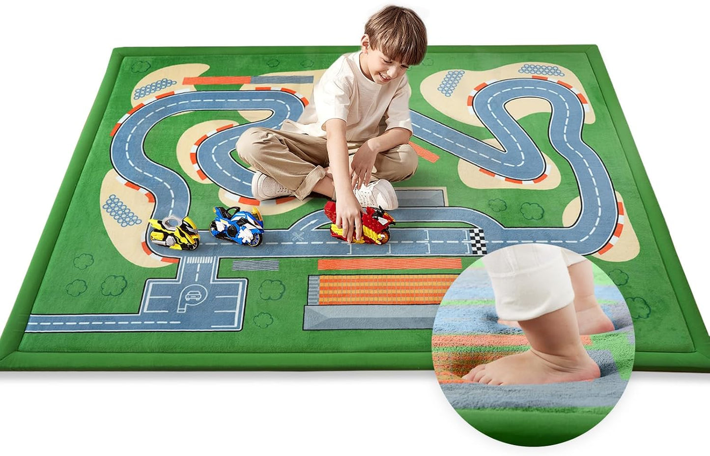 Kids Play Rug with Roads, 79"×118" Large Floor Mat Toy Cars Race Track for Classroom 1.3" Thickened Elasti-Foam Activity Education Baby Play Mat with Anti-Slip Backing