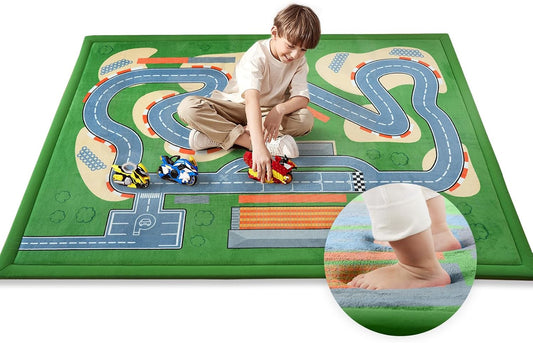 Kids Play Rug with Roads, 79"×118" Large Floor Mat Toy Cars Race Track for Classroom 1.3" Thickened Elasti-Foam Activity Education Baby Play Mat with Anti-Slip Backing