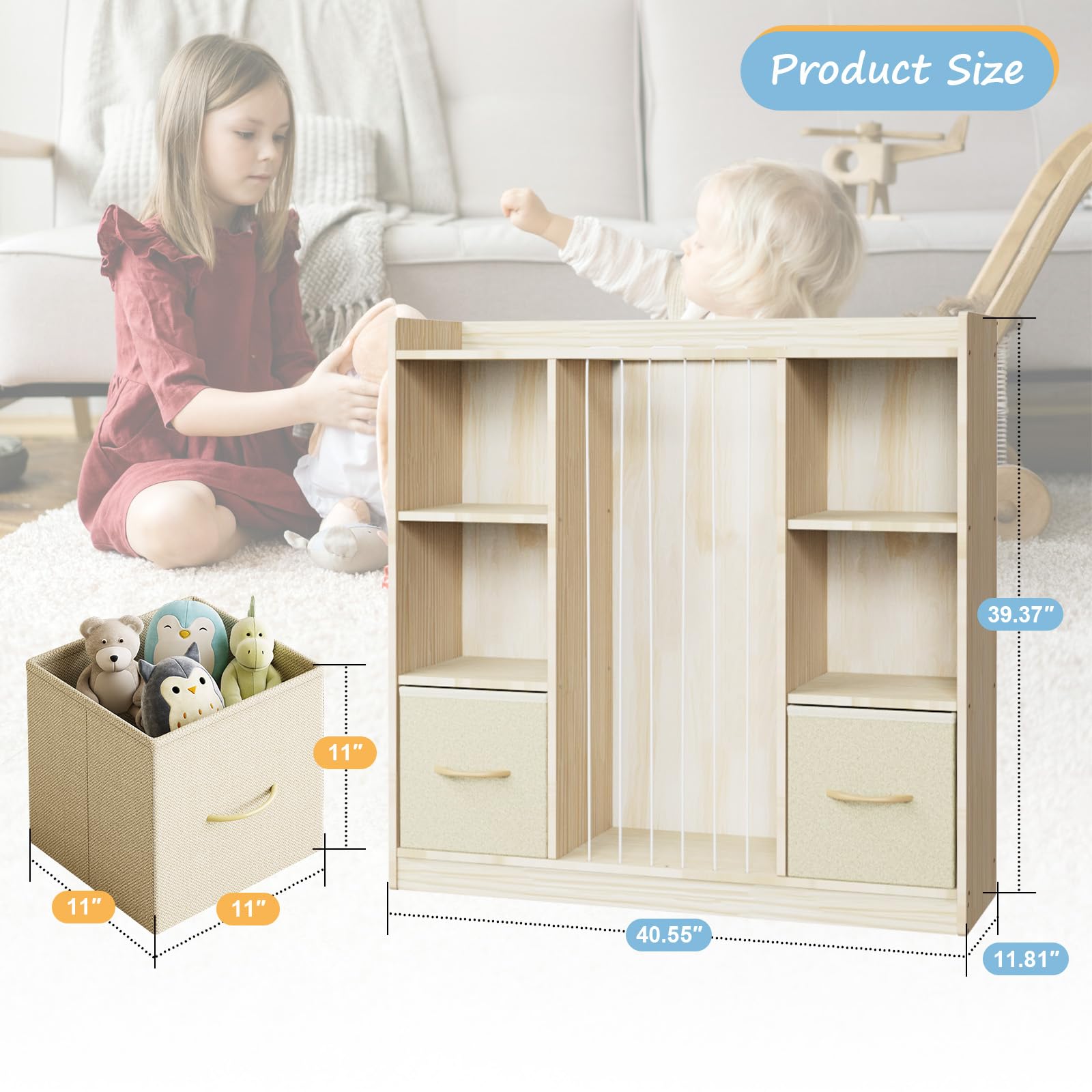 EXPERLAM 4-in-1 Toy Storage Organizer with Stuffed Animal Storage, Solid Pine Kids Bookshelf and