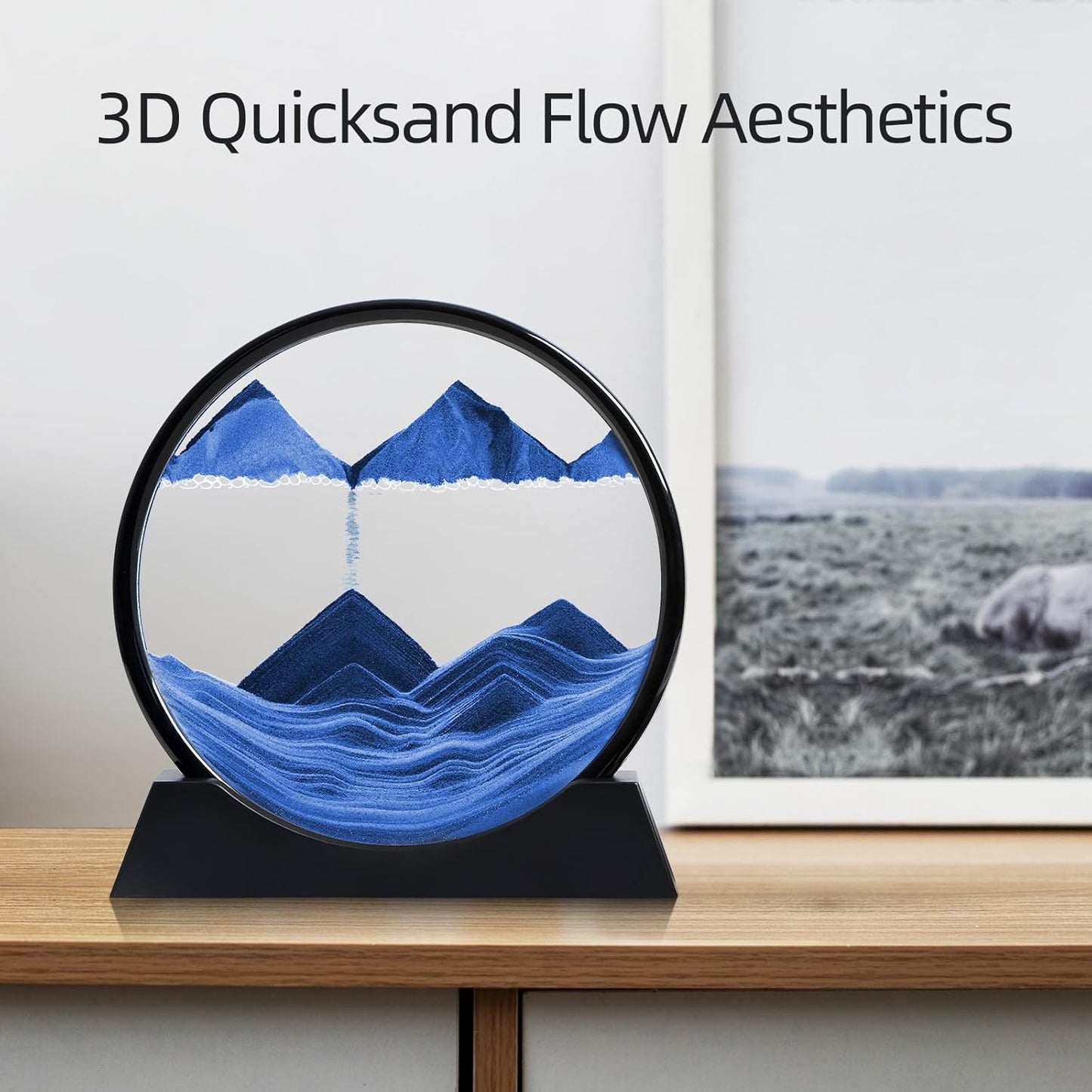 KPNUWN Moving Sand Art Liquid Motion, 3D Deep Sea Sandscape Color Quicksand Decor, Round Glass Moving Sand Art Picture Relaxing Desktop Home Office Work Decor (12 inch-Blue)