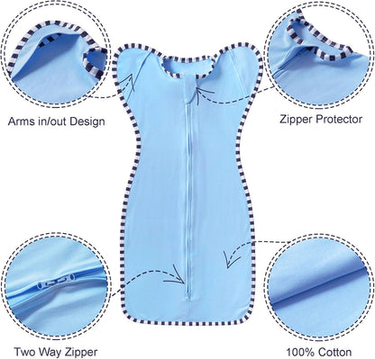 Transition Swaddle, 2 Pack 100% Cotton Baby Sleep Sack, 2-Way Zipper Infant Arm Up Swaddle for Newborn Baby Boys Girls (Khaki + Sky Blue, M(3-6 Months))