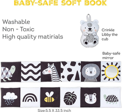 Taf Toys Newborn Soft Activity Book Black & White High Contrast Baby Book Infant Sensory Toys Tummy Time Soft Cloth Books for Babies Textured Fabric Crinkling Shapes Patterns 0-12 Months Newborn Toys