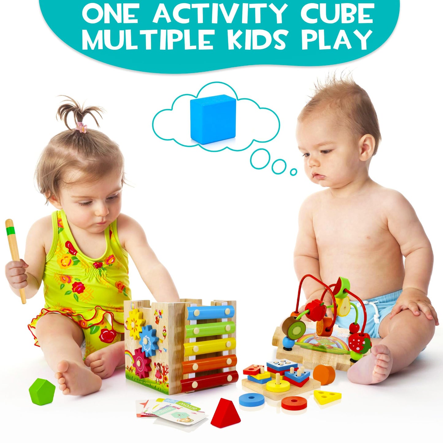 HELLOWOOD Wooden Activity Cube, 8-in-1 Montessori Baby Toys for 1+ Year Old Boys & Girls