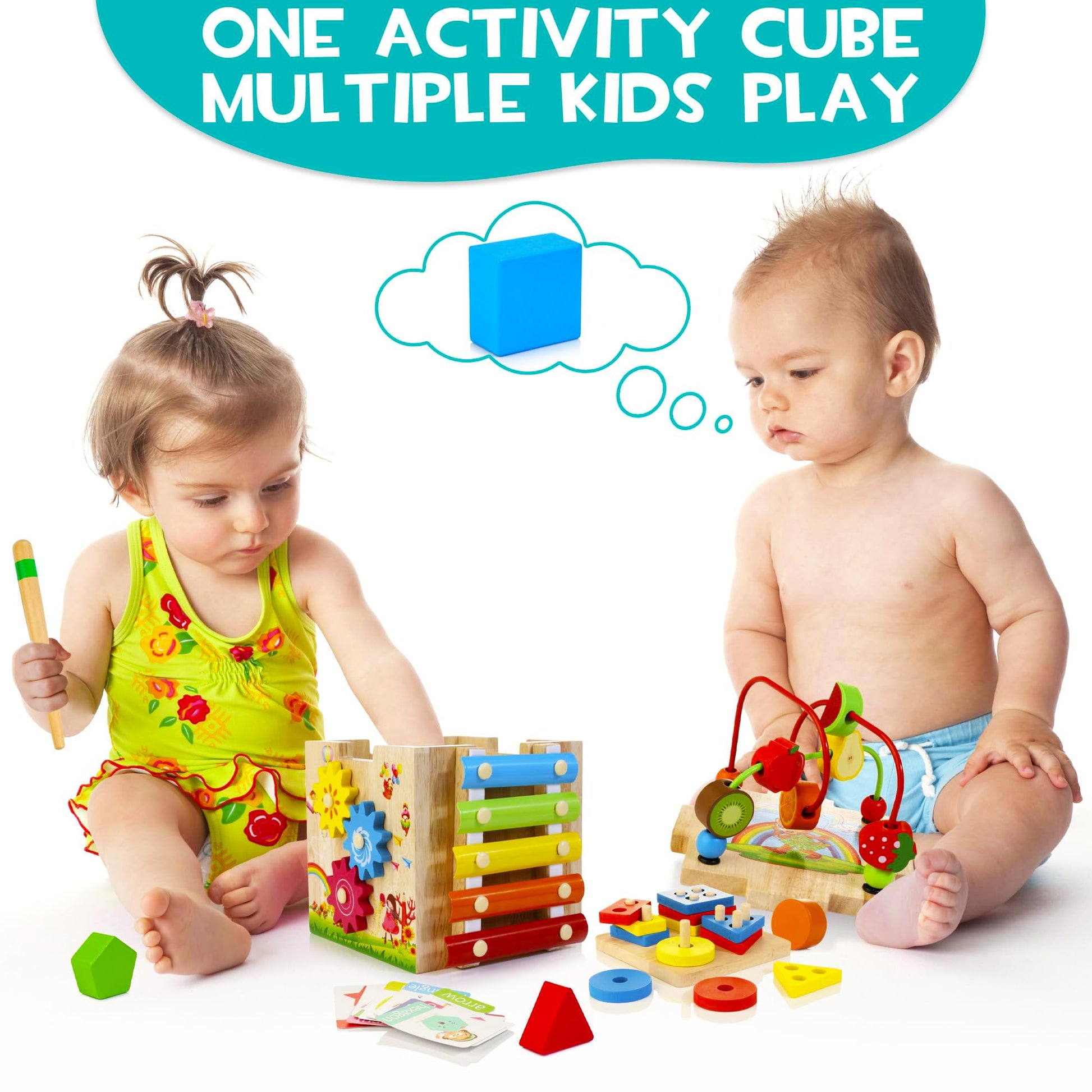 HELLOWOOD Wooden Activity Cube, 8-in-1 Montessori Baby Toys for 1+ Year Old Boys & Girls