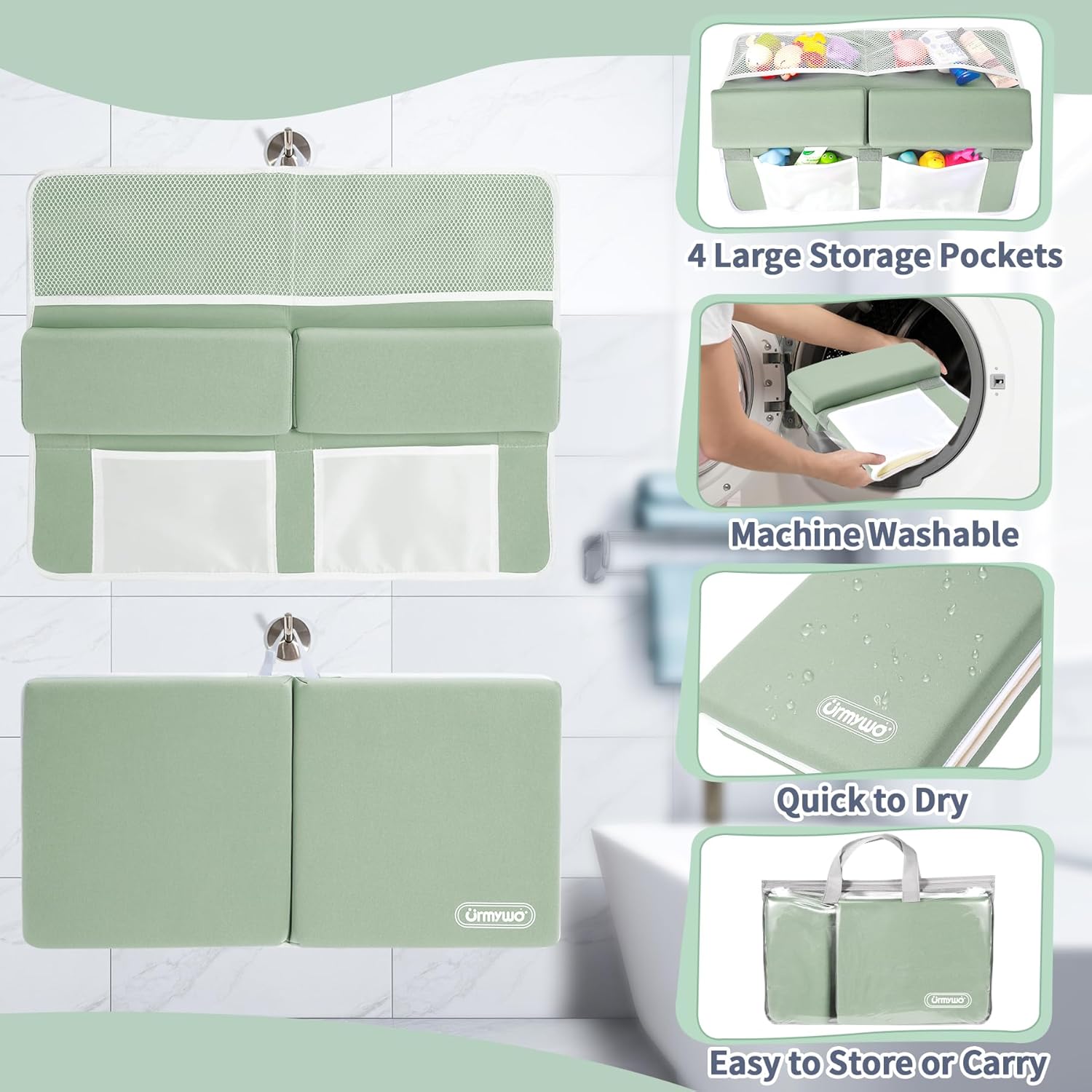 URMYWO Bath Kneeler and Elbow Rest Pad Set - 1.5" Thick Baby Bath Kneeler Pads with Toys Organizer