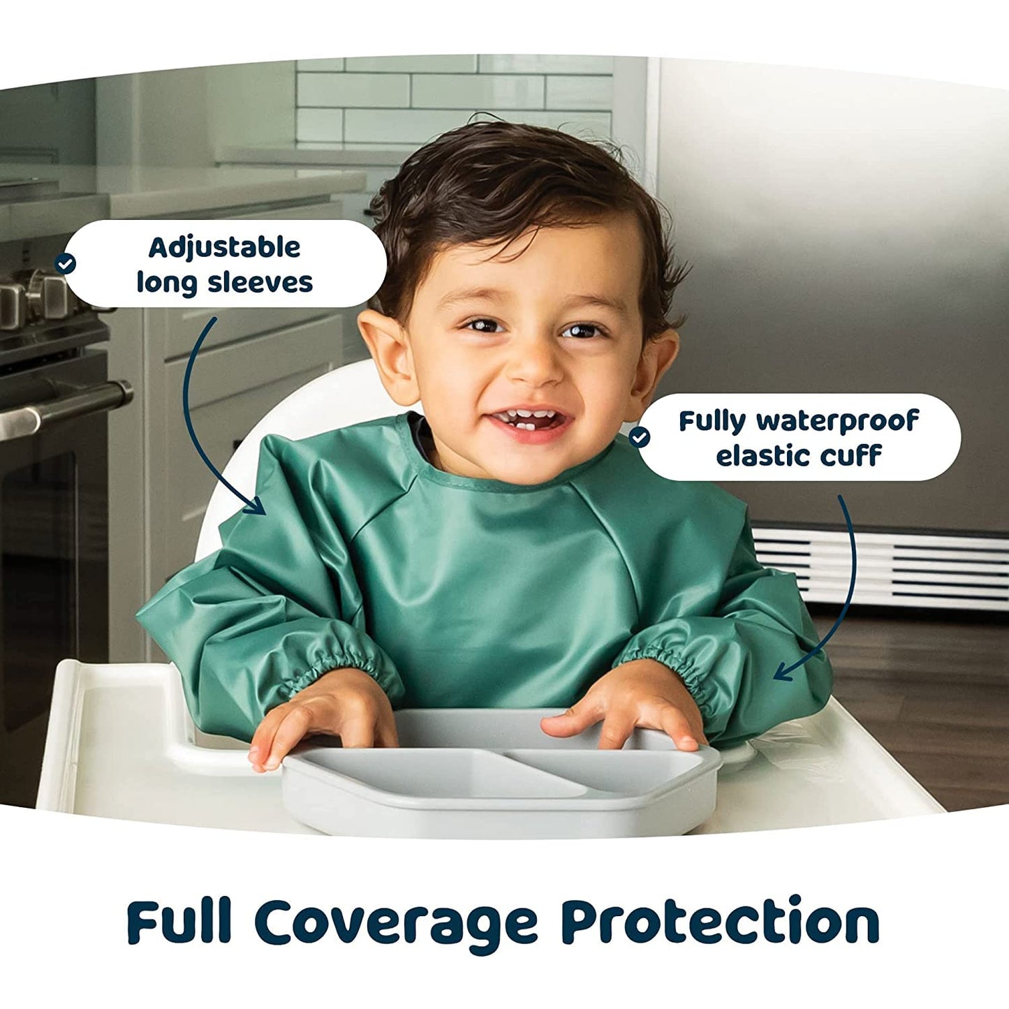 Tiny Twinkle Mess Proof Baby Bib,Waterproof Smock Baby Bib for Eating,Machine Washable Long Sleeve Bib,Baby Led Weaning,Toddler Bib,BLW Supplies(Olive Green, Small 6-24 Months)