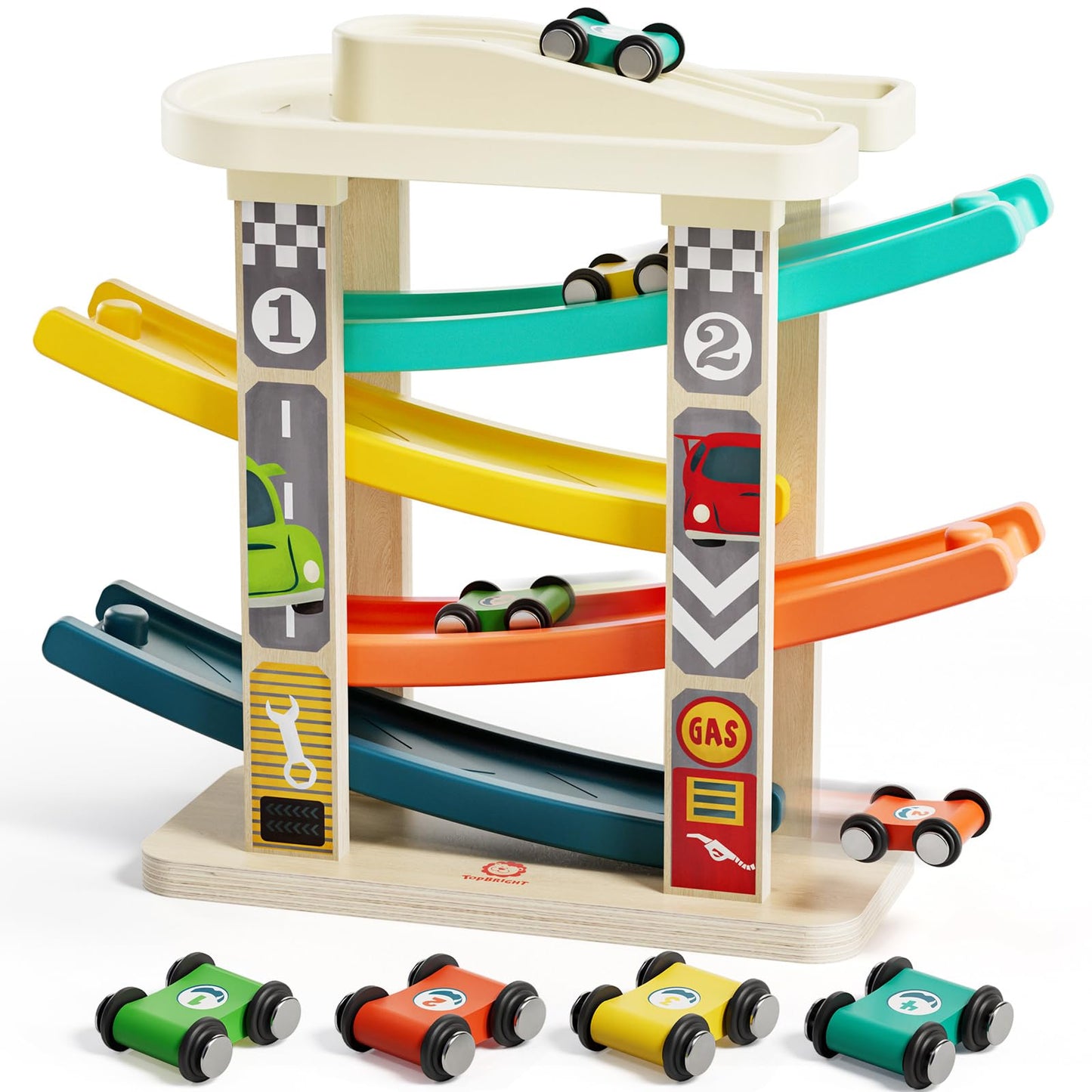 TOP BRIGHT Toddler Toys for 2 Year Old Boy, Wooden Car Ramp Race Track Set