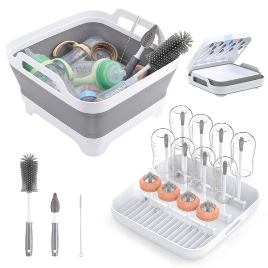Yecuip Collapsible Baby Bottle Wash Basin w/Drying Rack & Drain Plug, Gray