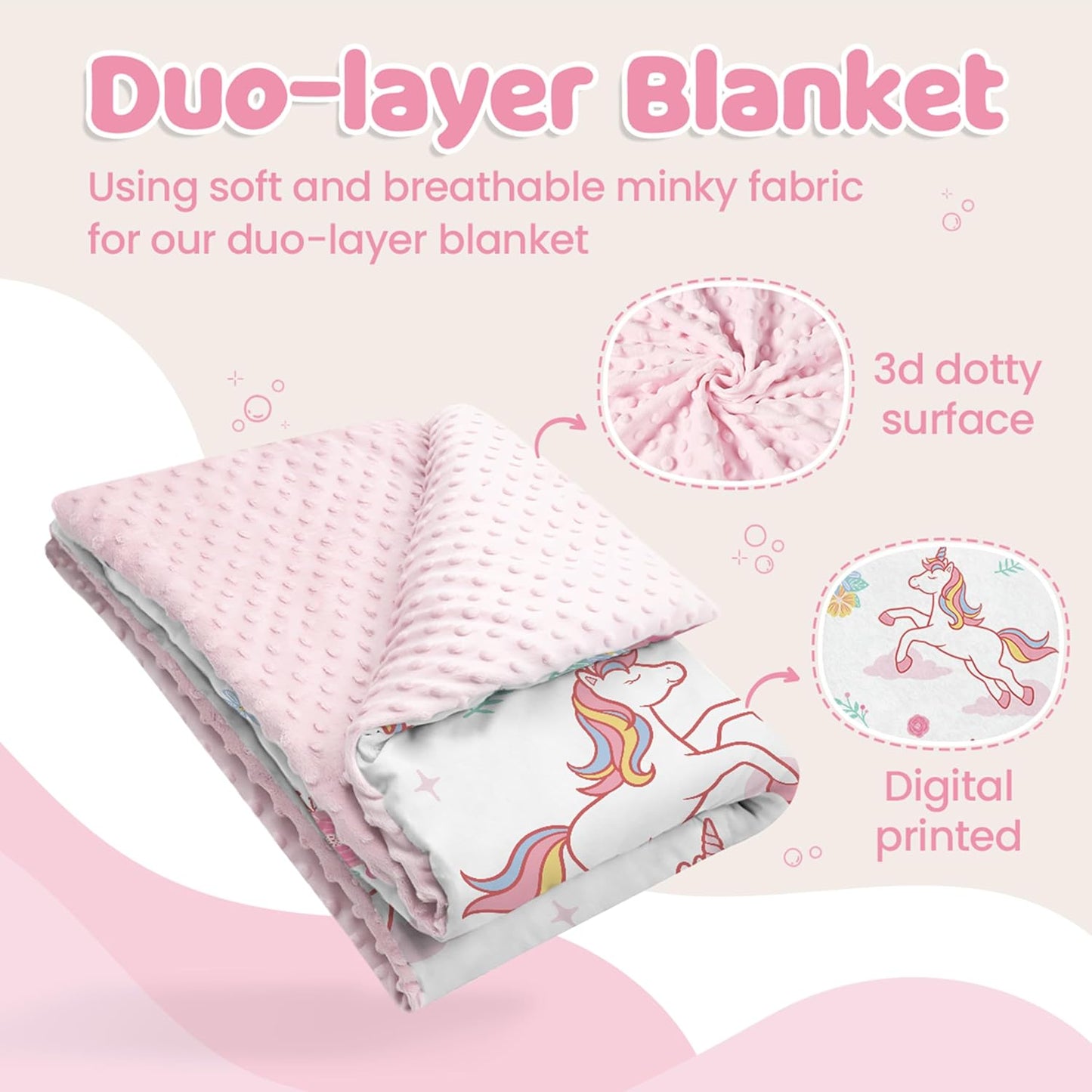 SANDJEST Unicorn Kid Blankets for Girls 30 x 40 - Throw Minky Blanket with Double Layer Dotted