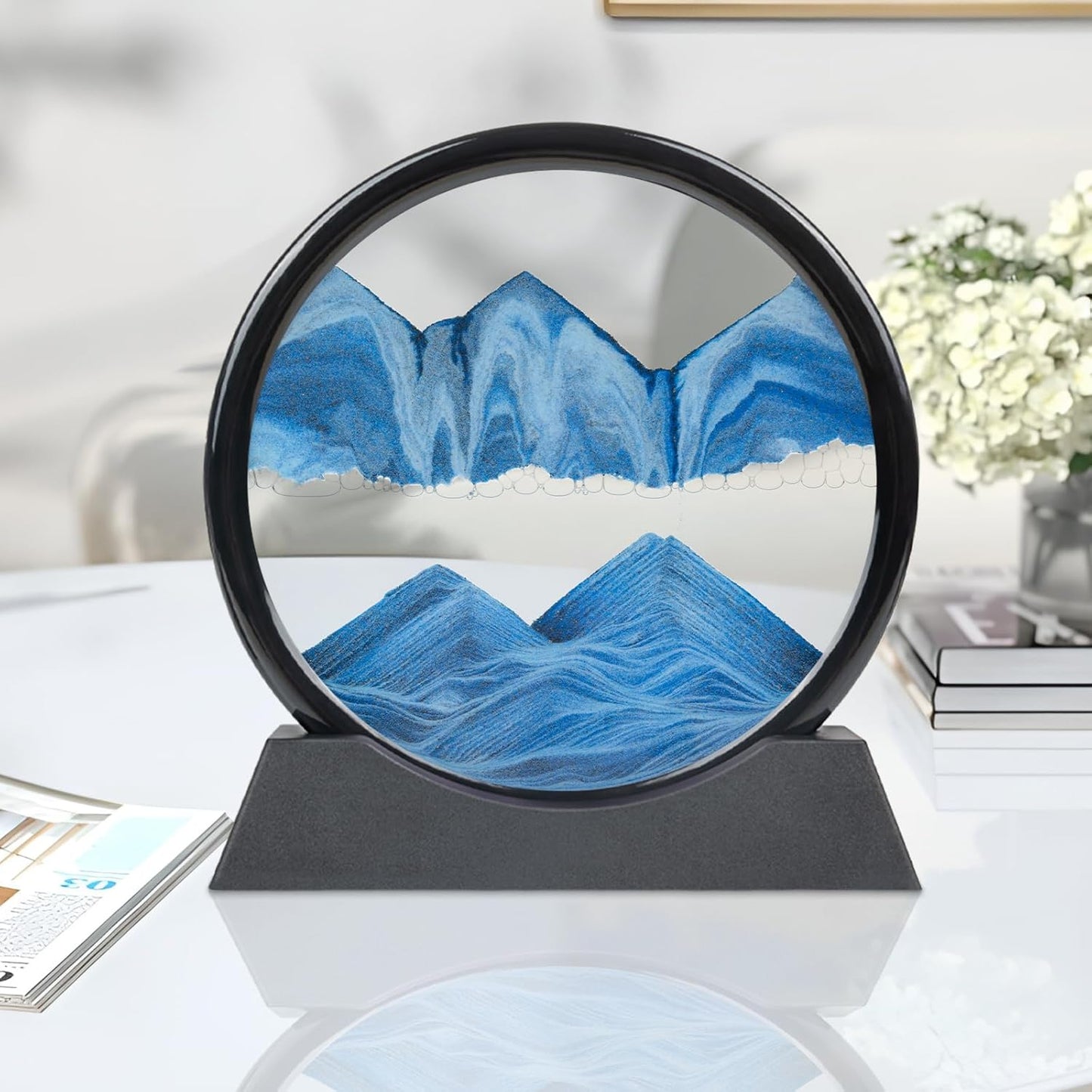 Drakswet Moving Sand Art Liquid Motion，Moving Sand Art Picture-3D Deep Sea Sandscape，Round Glass Frame Display Flowing Sand Relaxing Desktop Home Office Work Decor (12inch Blue)
