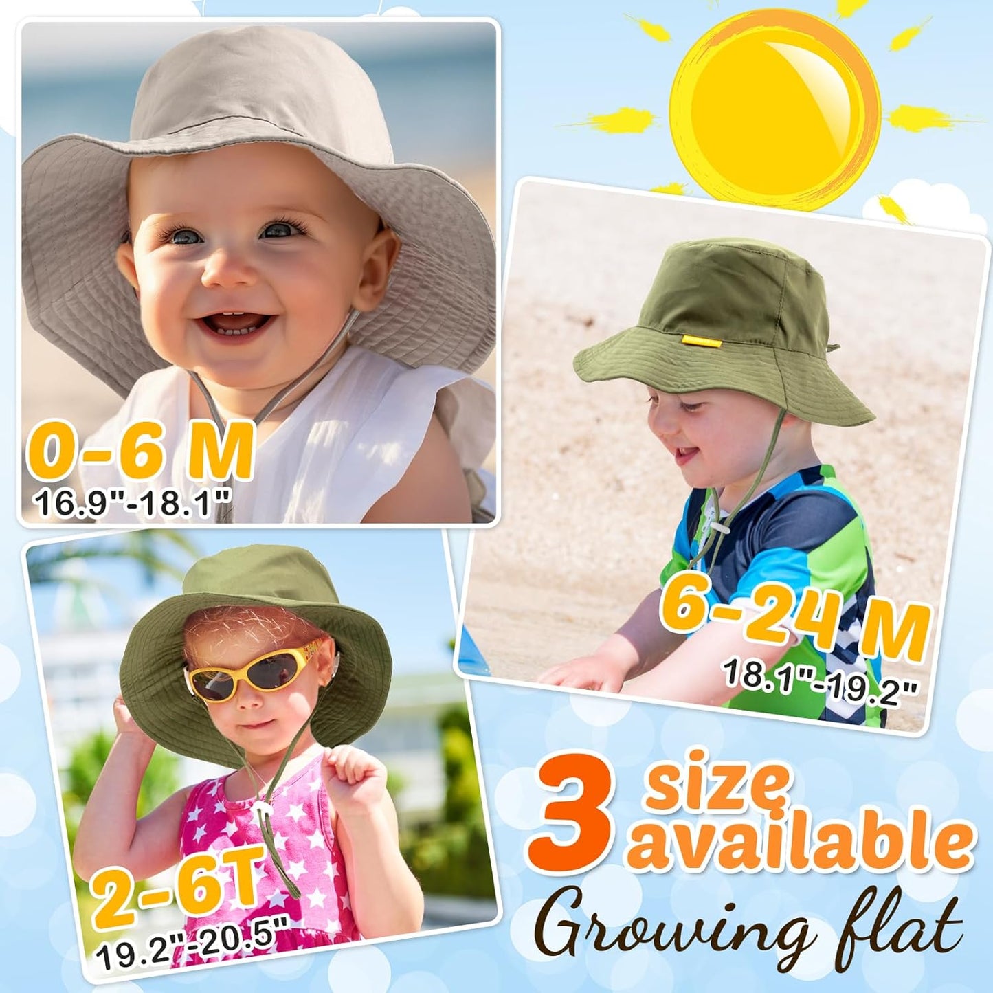 Baby Sun Hat Kids Summer UPF 50+ Toddler Bucket Hat Wide Brim Adjustable Beach Hats for Boys Girls Age 0-6 Years