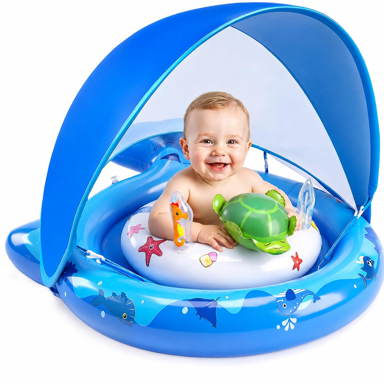 Inflatable Baby Pool Float with Sun Canopy, UPF50 Sun Protection, Portable & Easy to Store, Padded