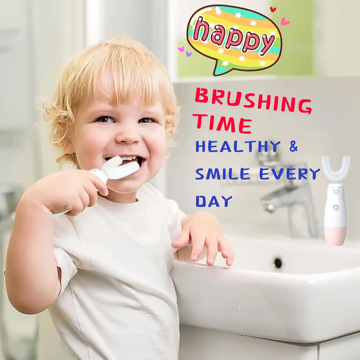 Kids Electric Toothbrush，U Shaped toddler Toothbrush Waterproof Battery Powered 360 Automatic Sonic